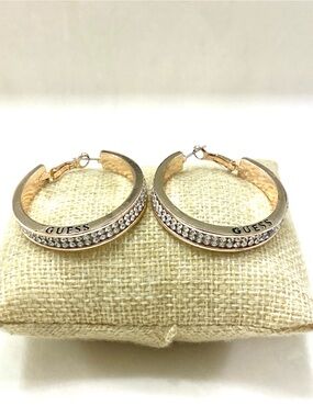 GUESS Gold-Tone Round Hoop Earrings Clear Crystal Rhinestone Pave Logo Engraved